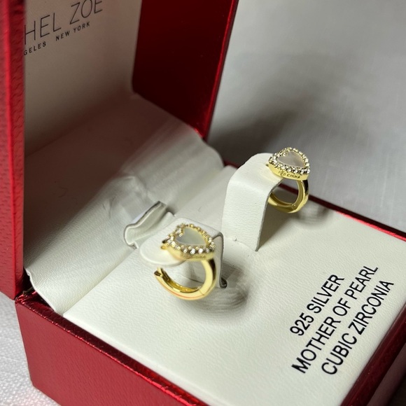 New Rachel Zoe Mini Gold Heart Hoop Earrings. 925 silver. Mother of Pearl. - Picture 1 of 6